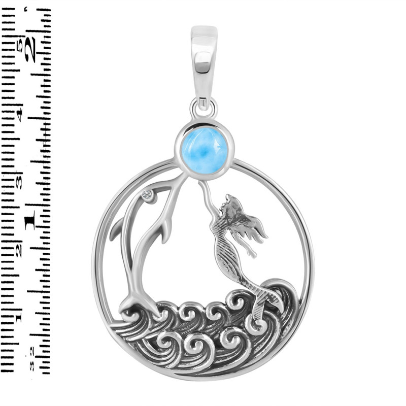 Larimar & White Topaz Dolphin & Mermaid & Waves Pendant LAR-RUP-34.