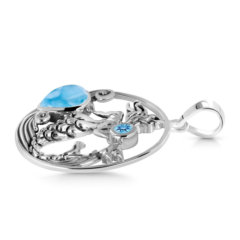 Larimar & Blue Topaz Mermaid & Fish Pendant