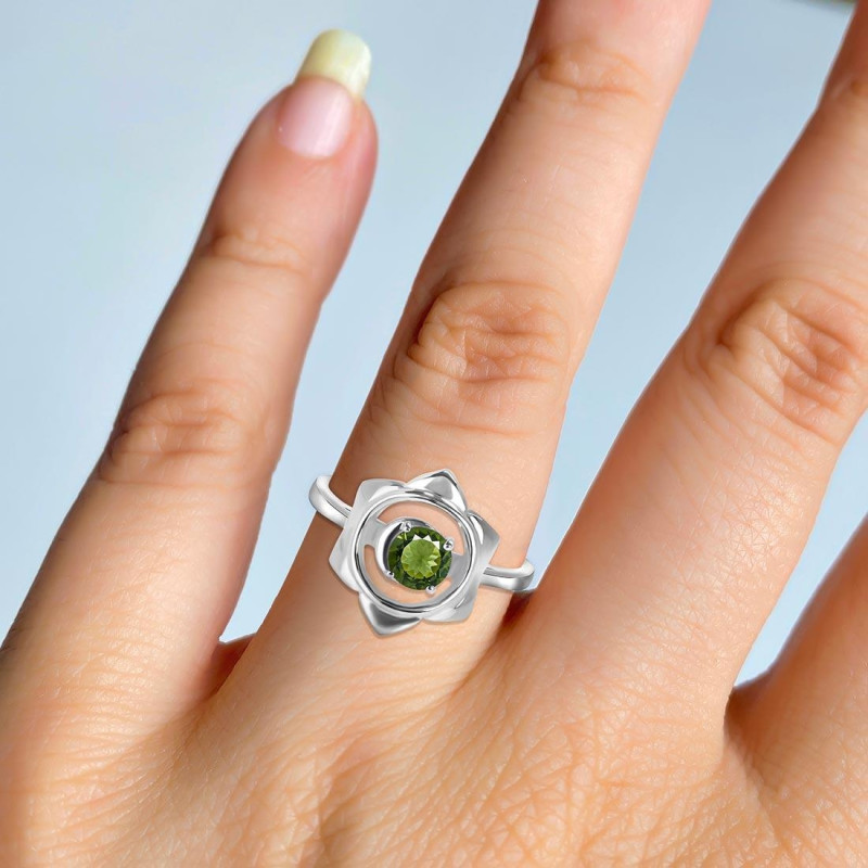 Moldavite Chakra & Crescent Moon Ring MLD-RDR-2140.