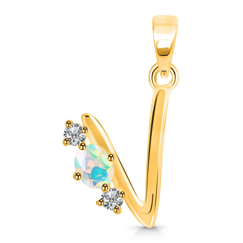 Opal & White Topaz Alphabet V Pendant OPL-RDA-74.