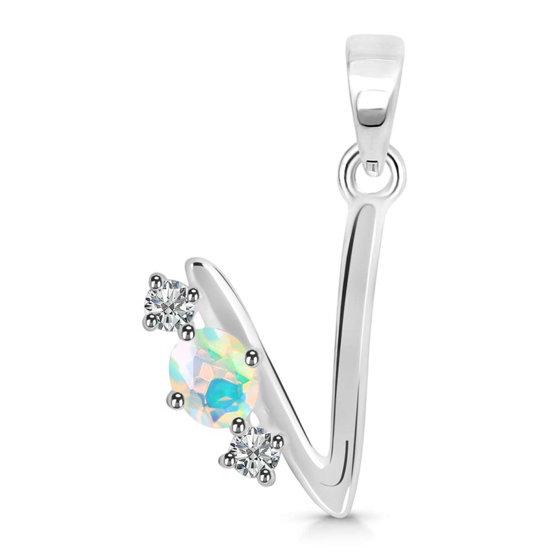 Opal & White Topaz Alphabet V Pendant OPL-RDA-74.