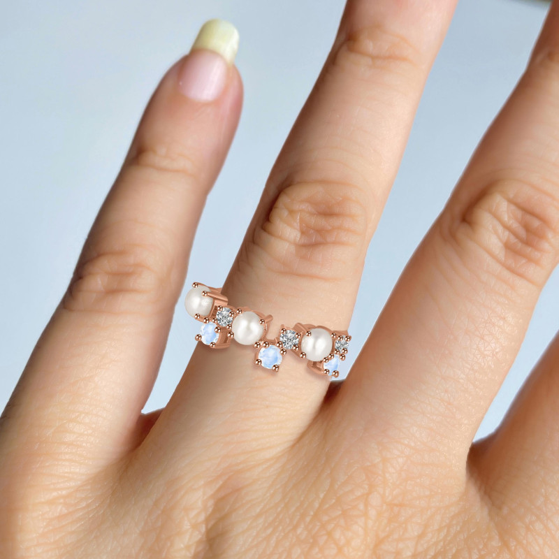 Pearl & Moonstone & White Topaz Ring PAL-RDR-4006.