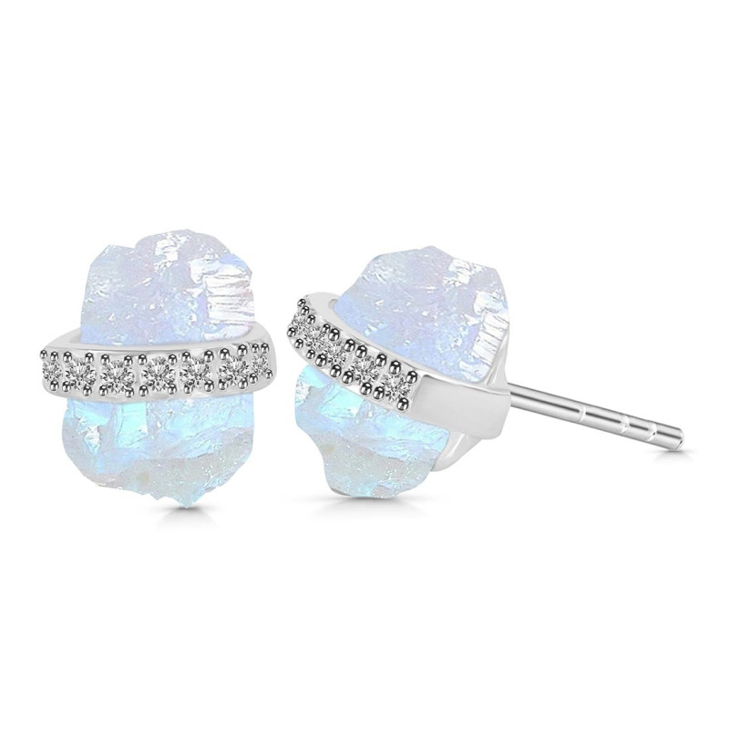 Moonstone Raw Crystal & White Topaz Stud Earring