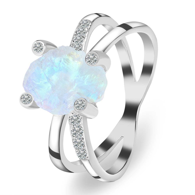 Moonstone Raw Crystal & White Topaz Ring