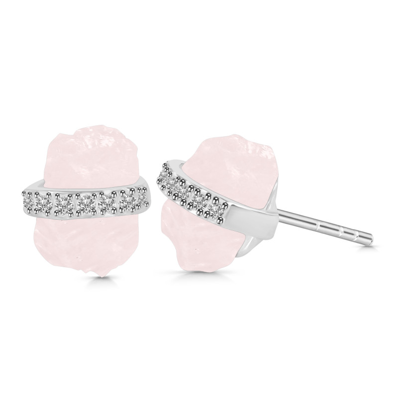 Rose Quartz Raw Crystal & White Topaz Stud Earring