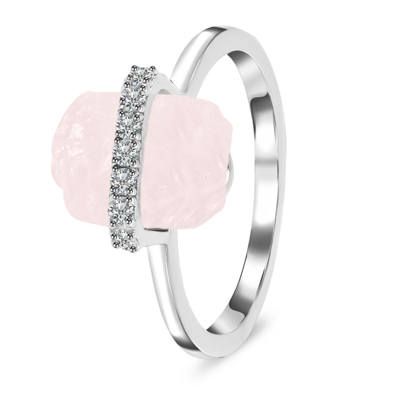 Rose Quartz Raw Crystal & White Topaz Ring