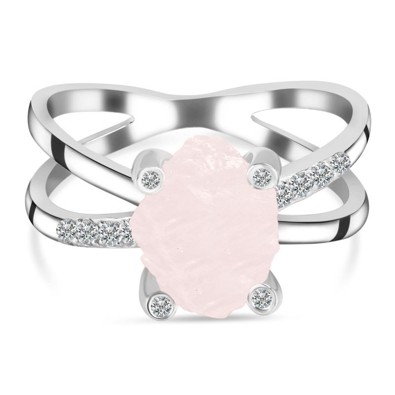 Rose Quartz Raw Crystal & White Topaz Ring RSQ-RR-382.