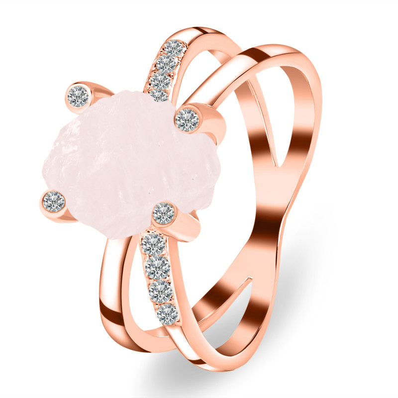 Rose Quartz Raw Crystal & White Topaz Ring RSQ-RR-382.