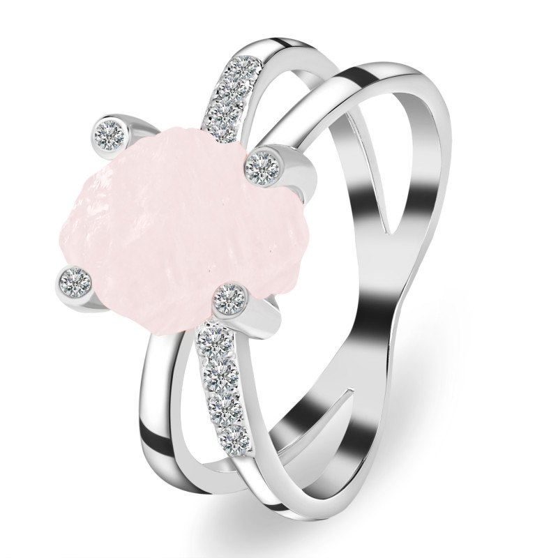 Rose Quartz Raw Crystal & White Topaz Ring